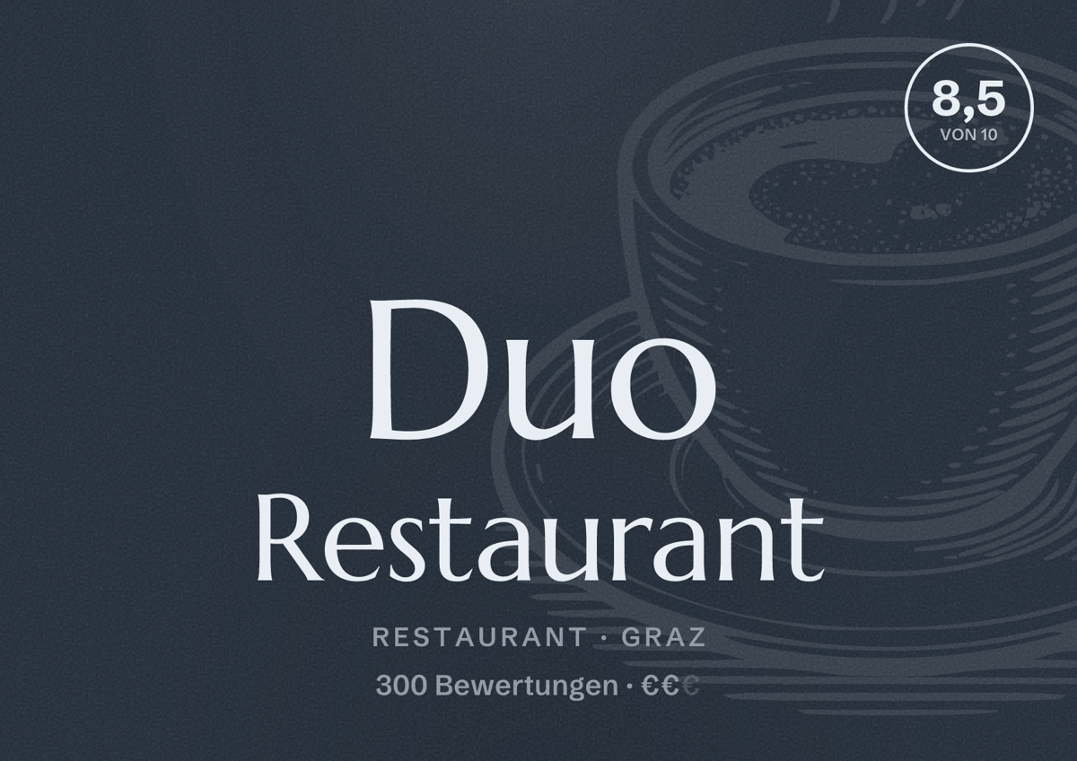 Illustriertes Poster von Duo Restaurant, Restaurant in Graz: Bewertung 8,5 von 10 aus 300 Bewertungen, Preisniveau €€