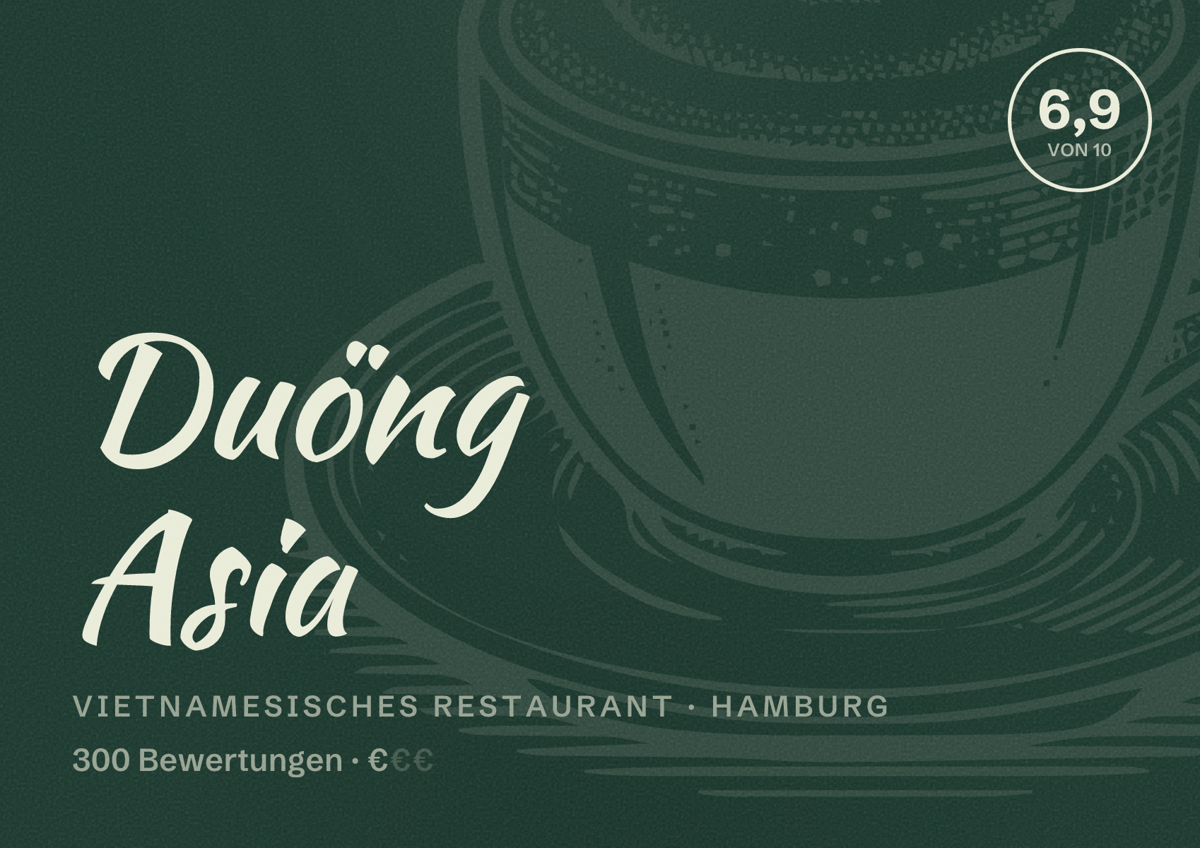 Illustriertes Poster von Duöng Asia, Vietnamesisches Restaurant in Hamburg: Bewertung 6,9 von 10 aus 300 Bewertungen, Preisniveau €