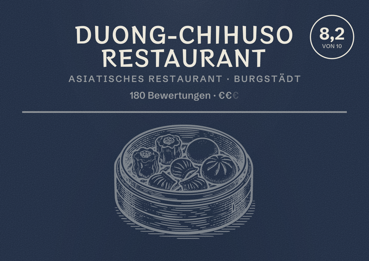 Illustriertes Poster von Duong-Chihuso Restaurant, Asiatisches Restaurant in Burgstädt: Bewertung 8,2 von 10 aus 180 Bewertungen, Preisniveau €€