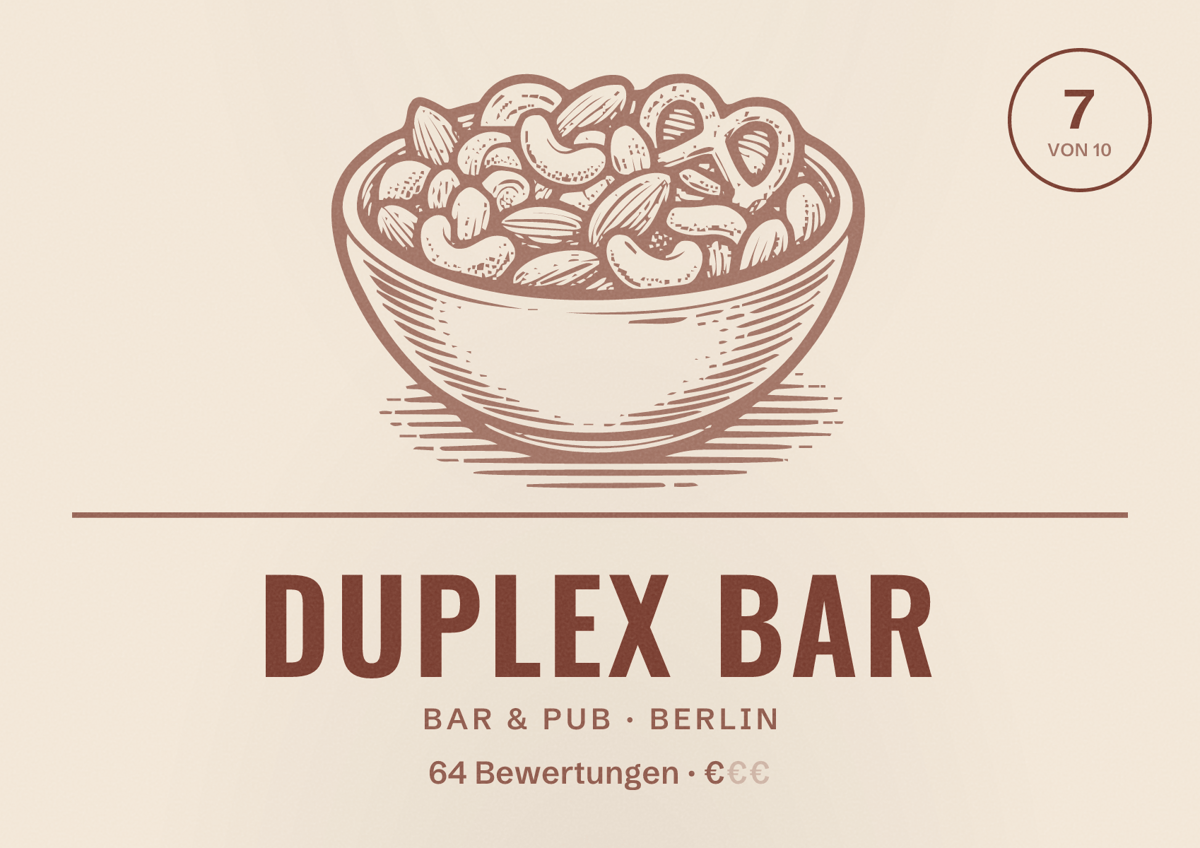 Illustriertes Poster von Duplex Bar, Bar & Pub in Berlin: Bewertung 7 von 10 aus 64 Bewertungen, Preisniveau €