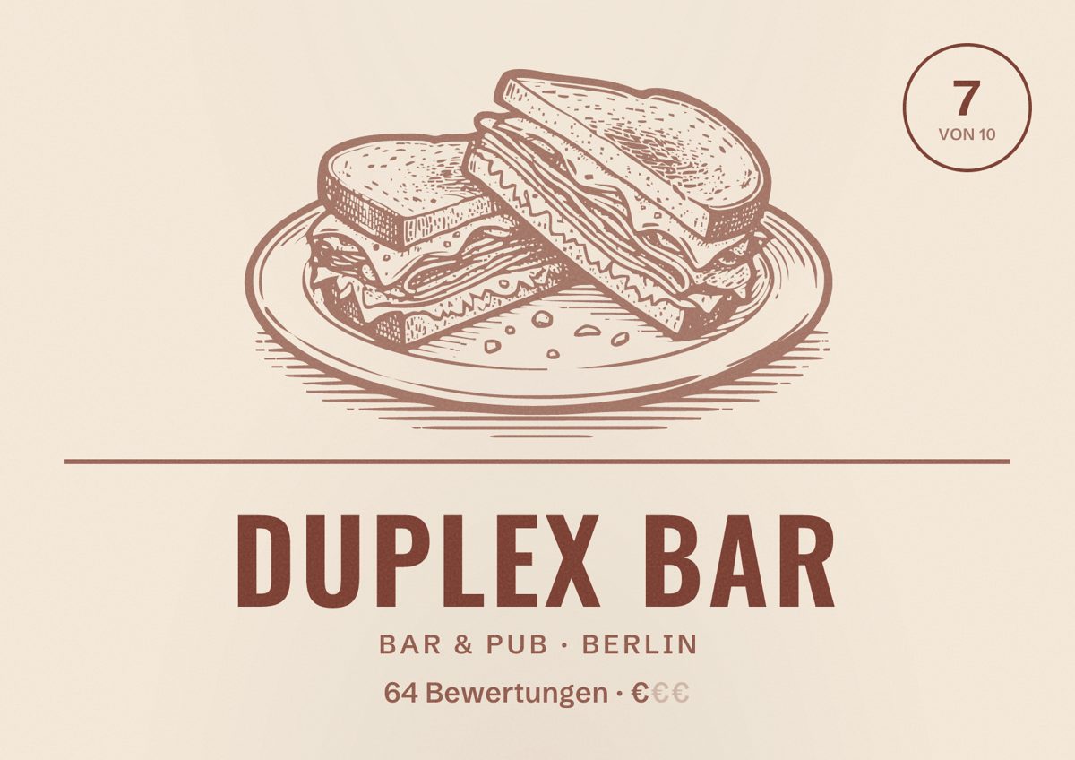 Illustriertes Poster von Duplex Bar, Bar & Pub in Berlin: Bewertung 7,0 von 10 aus 64 Bewertungen, Preisniveau €