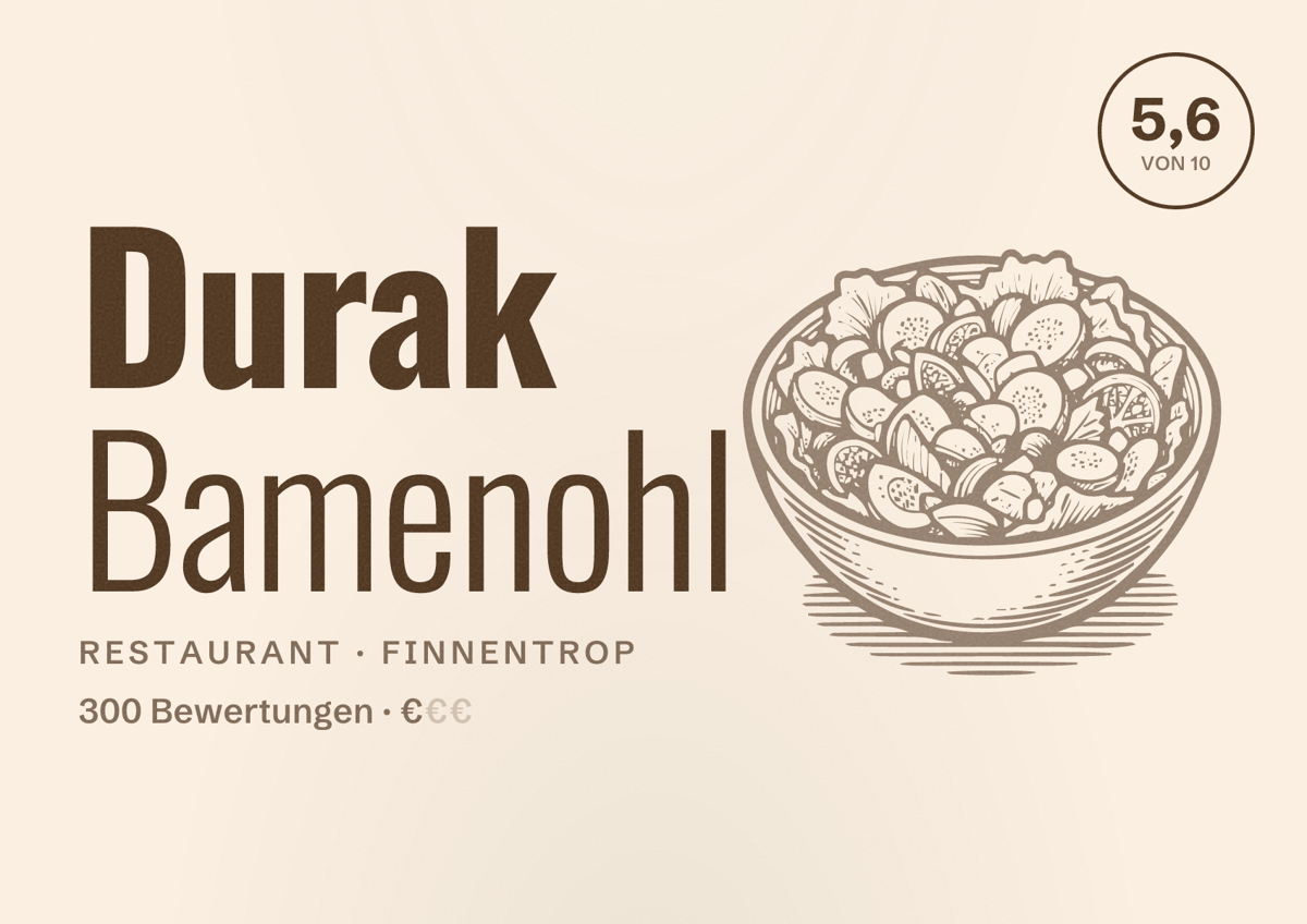 Illustriertes Poster von Durak Bamenohl, Restaurant in Finnentrop: Bewertung 5,6 von 10 aus 300 Bewertungen, Preisniveau €
