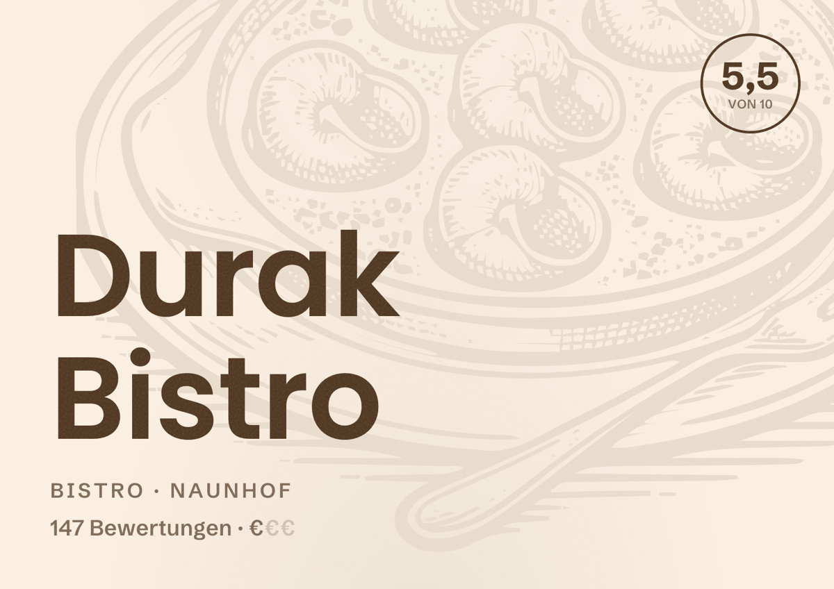 Illustriertes Poster von Durak Bistro, Bistro in Naunhof: Bewertung 5,5 von 10 aus 147 Bewertungen, Preisniveau €