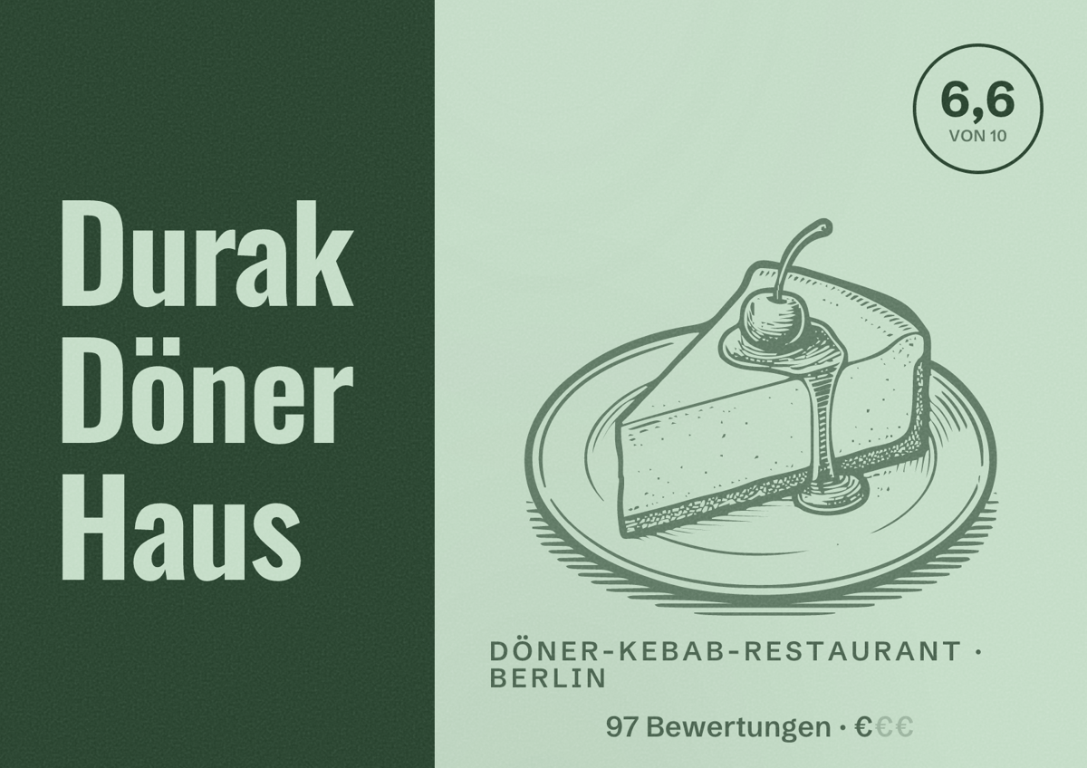 Illustriertes Poster von Durak Döner Haus, Döner-Kebab-Restaurant in Berlin: Bewertung 6,6 von 10 aus 97 Bewertungen, Preisniveau €