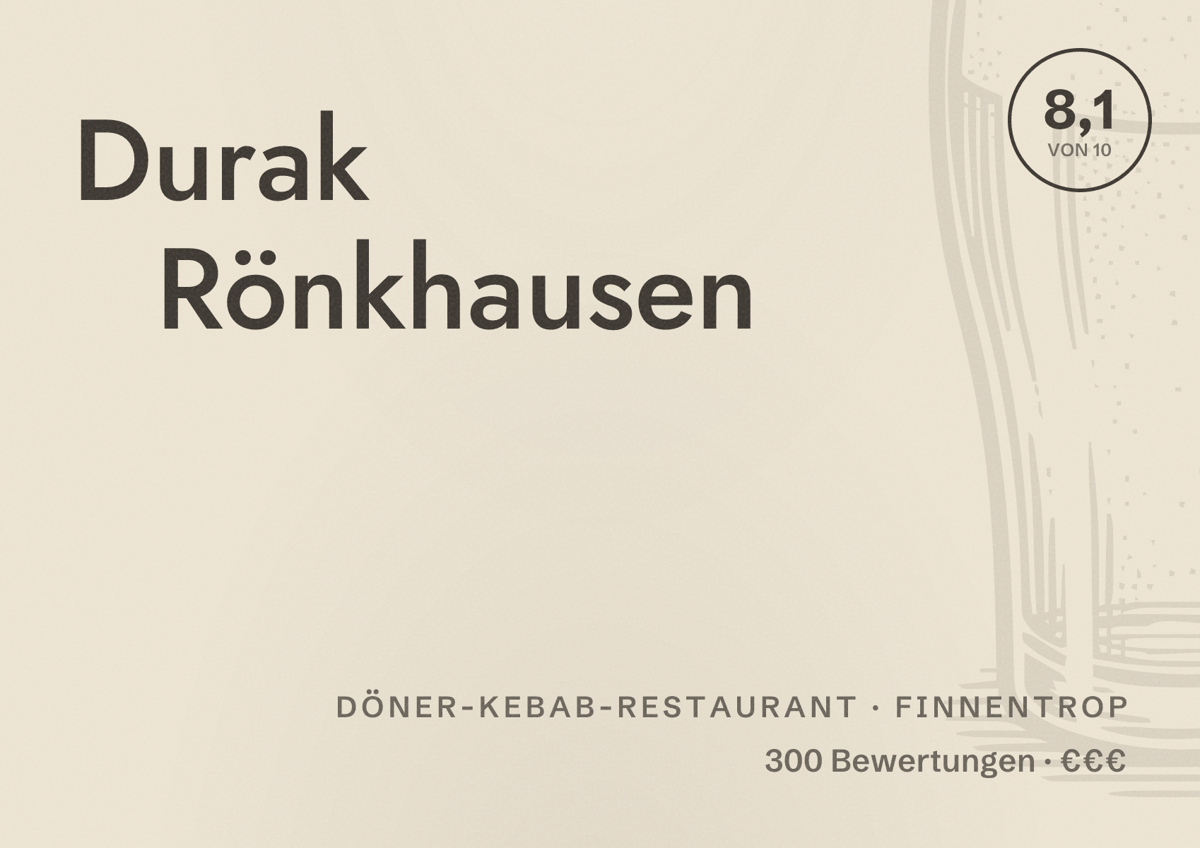 Illustriertes Poster von Durak Rönkhausen, Döner-Kebab-Restaurant in Finnentrop: Bewertung 8,1 von 10 aus 300 Bewertungen, Preisniveau €€€