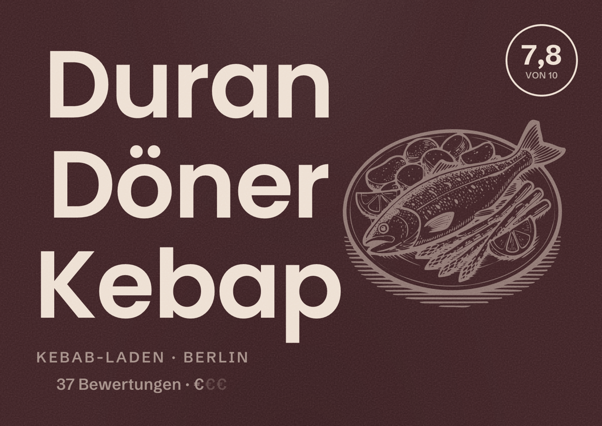 Illustriertes Poster von Duran Döner Kebap, Kebab-Laden in Berlin: Bewertung 7,8 von 10 aus 37 Bewertungen, Preisniveau €