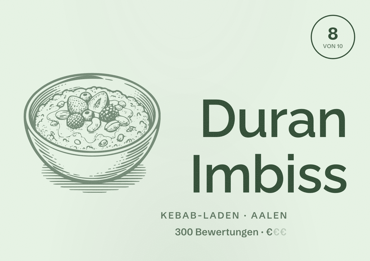 Illustriertes Poster von Duran Imbiss, Kebab-Laden in Aalen: Bewertung 8 von 10 aus 300 Bewertungen, Preisniveau €