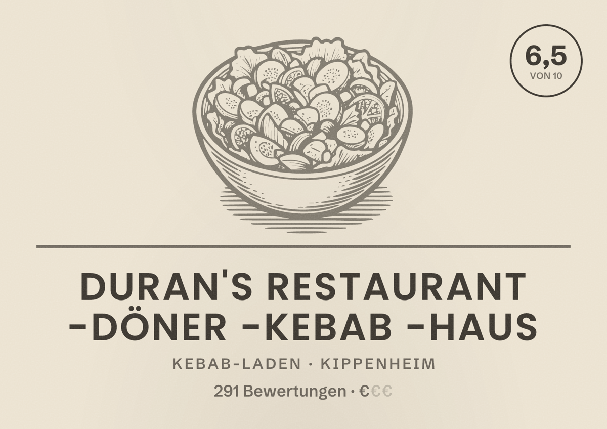 Illustriertes Poster von Duran's Restaurant -Döner -Kebab -Haus, Kebab-Laden in Kippenheim: Bewertung 6,5 von 10 aus 291 Bewertungen, Preisniveau €