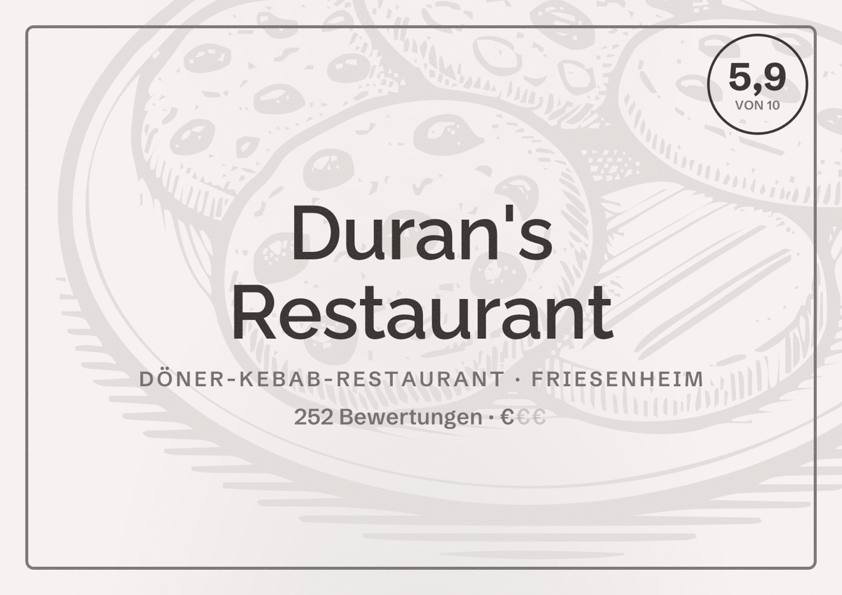 Illustriertes Poster von Duran's Restaurant, Döner-Kebab-Restaurant in Friesenheim: Bewertung 5,9 von 10 aus 252 Bewertungen, Preisniveau €