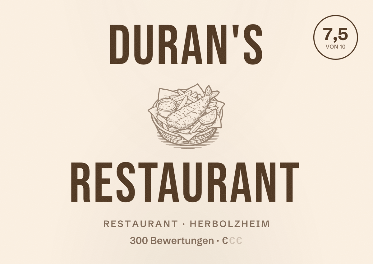 Illustriertes Poster von Duran's Restaurant, Restaurant in Herbolzheim: Bewertung 7,5 von 10 aus 300 Bewertungen, Preisniveau €