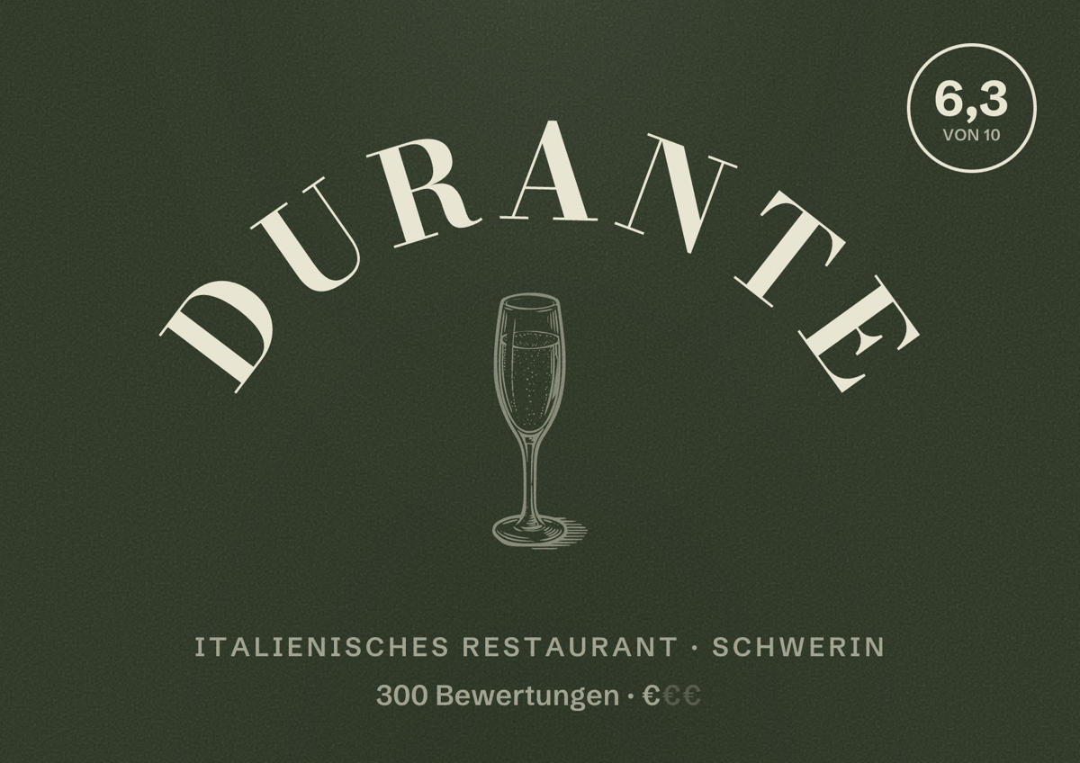 Illustriertes Poster von Durante, Italienisches Restaurant in Schwerin: Bewertung 6,3 von 10 aus 300 Bewertungen, Preisniveau €