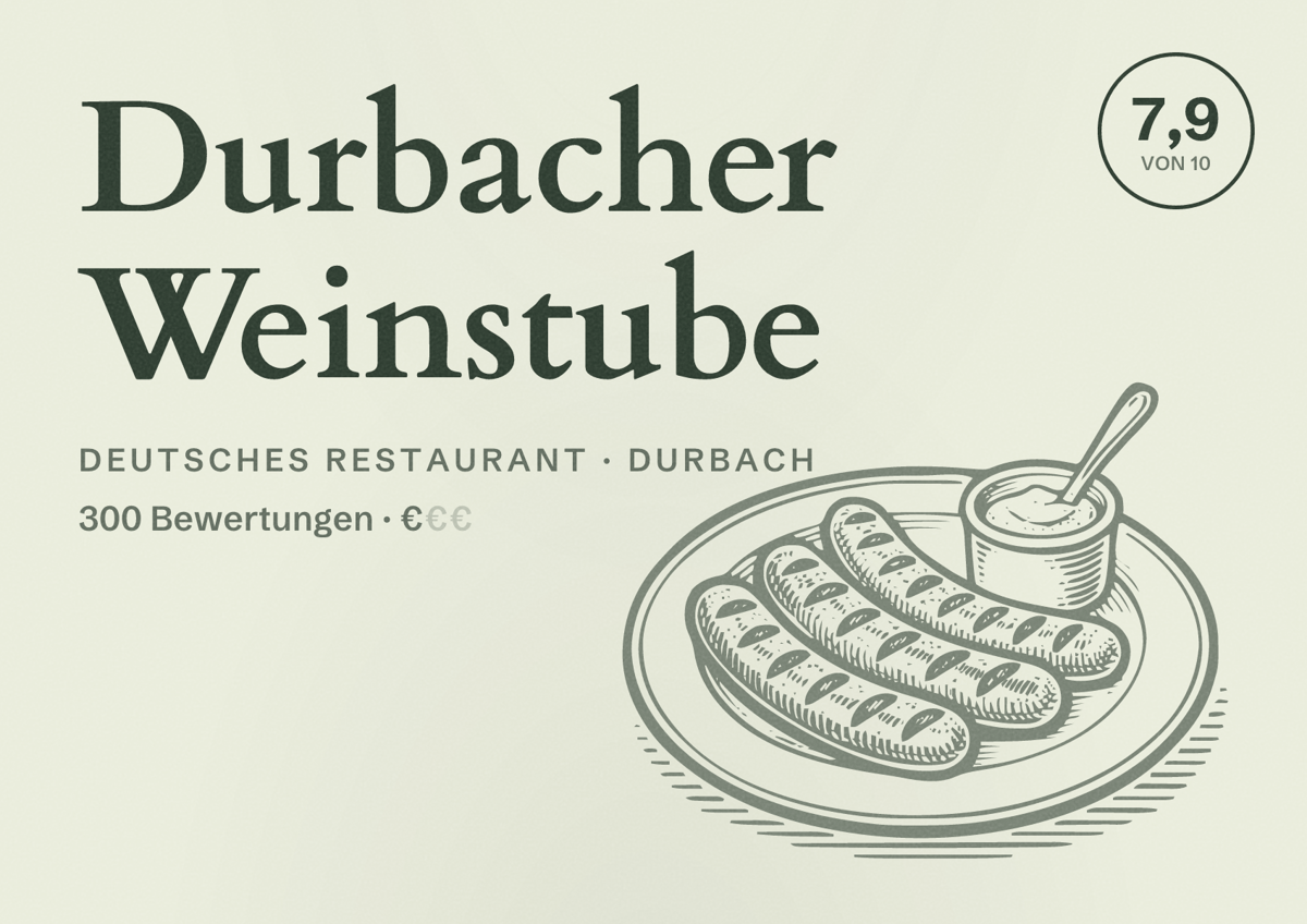 Illustriertes Poster von Durbacher Weinstube, Deutsches Restaurant in Durbach: Bewertung 7,9 von 10 aus 300 Bewertungen, Preisniveau €