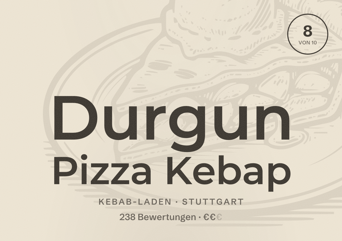 Illustriertes Poster von Durgun Pizza Kebap, Kebab-Laden in Stuttgart: Bewertung 8,0 von 10 aus 238 Bewertungen, Preisniveau €€