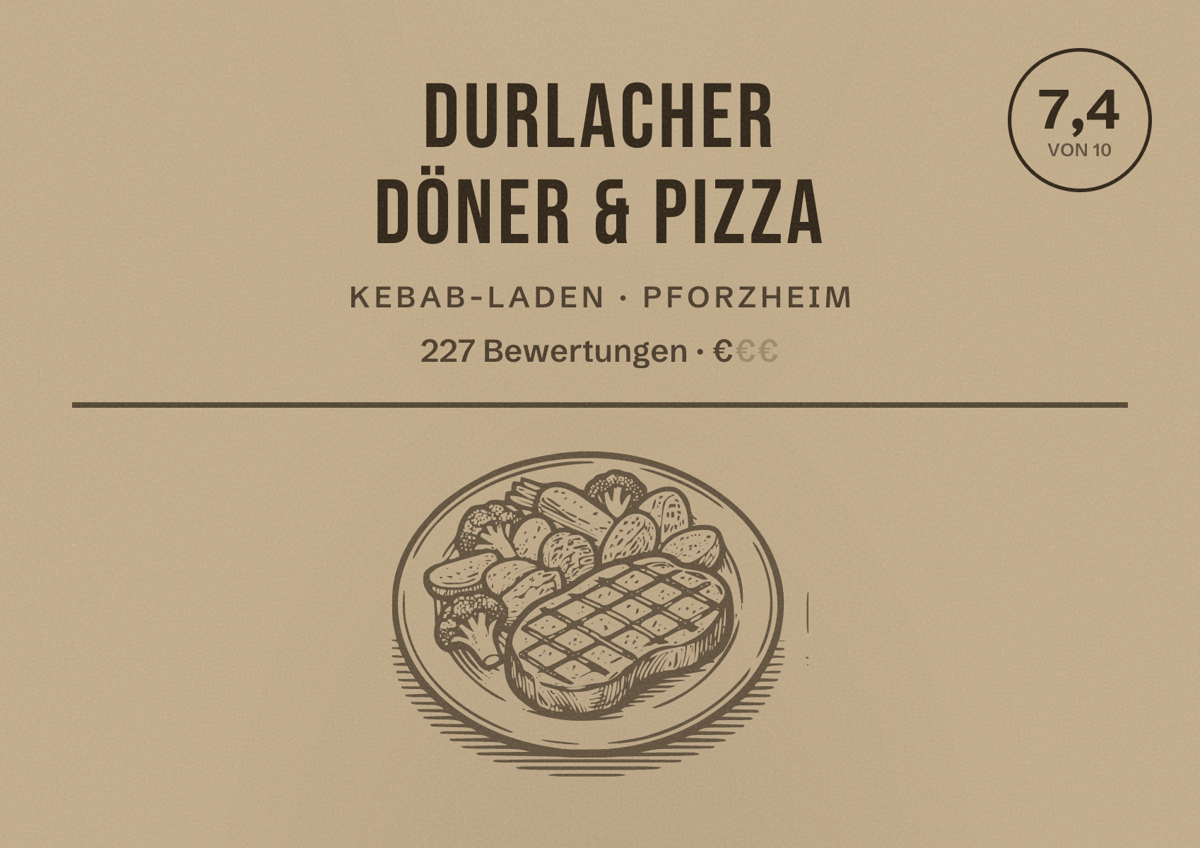 Illustriertes Poster von Durlacher Döner & Pizza, Kebab-Laden in Pforzheim: Bewertung 7,4 von 10 aus 227 Bewertungen, Preisniveau €