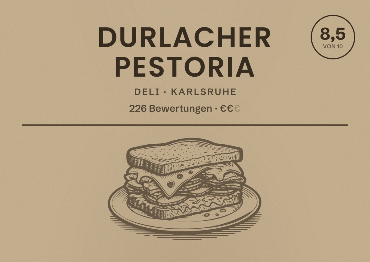 Illustriertes Poster von Durlacher Pestoria, Deli in Karlsruhe: Bewertung 8,5 von 10 aus 226 Bewertungen, Preisniveau €€