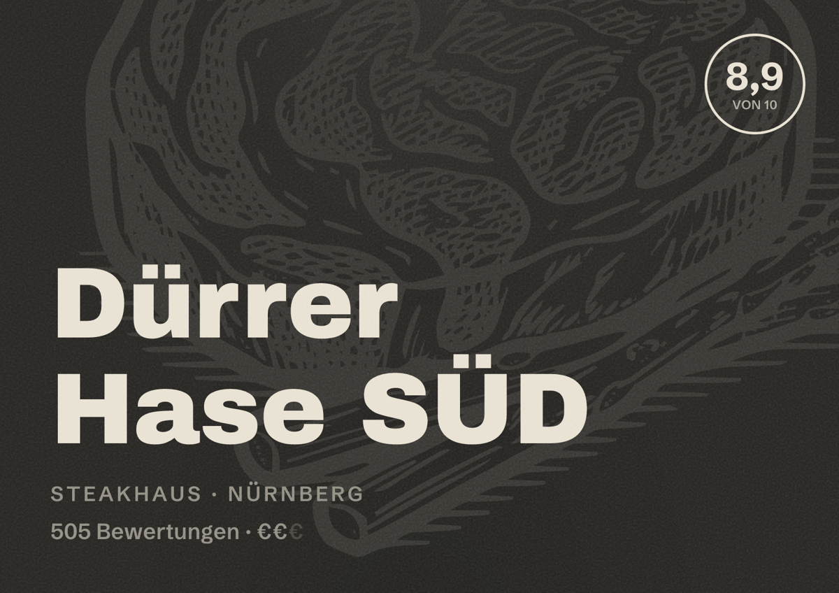Illustriertes Poster von Dürrer Hase SÜD, Steakhaus in Nürnberg: Bewertung 8,9 von 10 aus 505 Bewertungen, Preisniveau €€