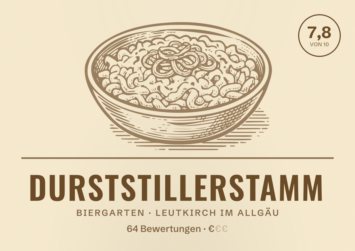 Illustriertes Poster von Durststillerstamm, Biergarten in Leutkirch im Allgäu: Bewertung 7,8 von 10 aus 64 Bewertungen, Preisniveau €