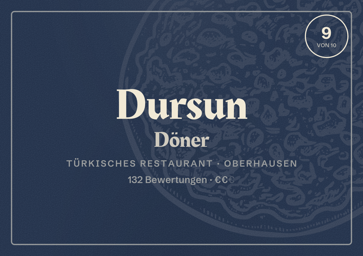 Illustriertes Poster von Dursun Döner, Türkisches Restaurant in Oberhausen: Bewertung 9 von 10 aus 132 Bewertungen, Preisniveau €€