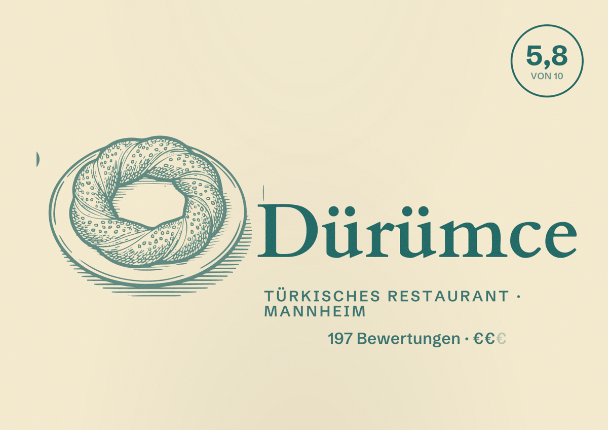 Illustriertes Poster von Dürümce, Türkisches Restaurant in Mannheim: Bewertung 5,8 von 10 aus 197 Bewertungen, Preisniveau €€