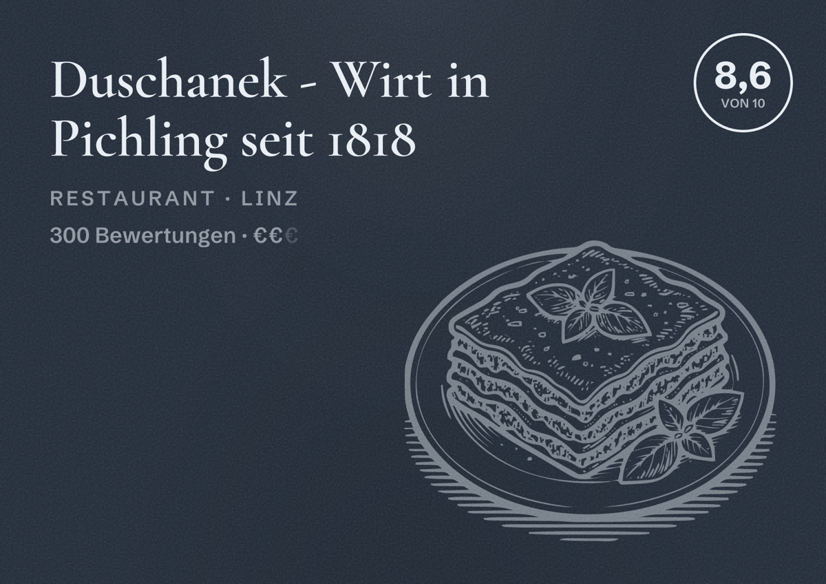 Illustriertes Poster von Duschanek - Wirt in Pichling seit 1818, Restaurant in Linz: Bewertung 8,6 von 10 aus 300 Bewertungen, Preisniveau €€