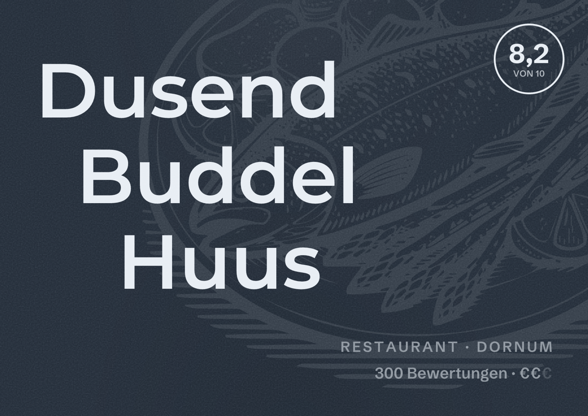 Illustriertes Poster von Dusend Buddel Huus, Restaurant in Dornum: Bewertung 8,2 von 10 aus 300 Bewertungen, Preisniveau €€