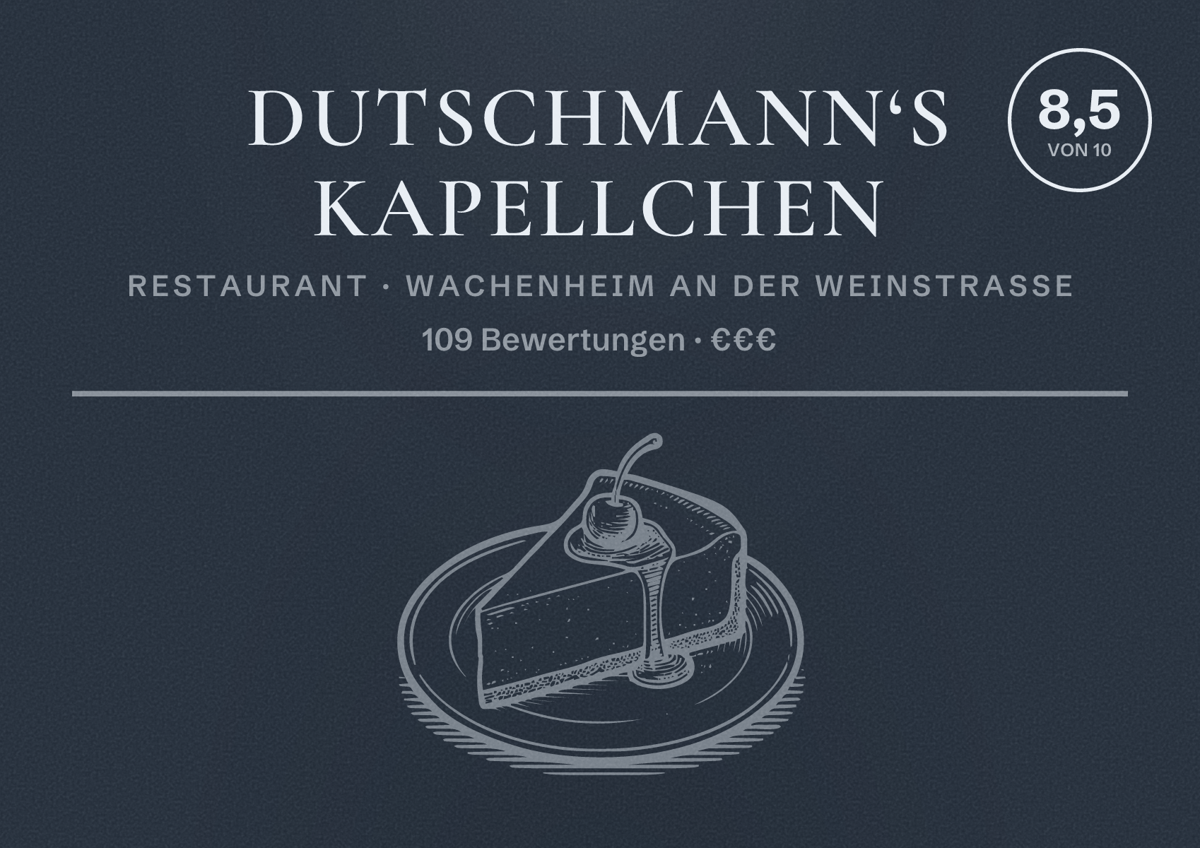 Illustriertes Poster von Dutschmann‘s Kapellchen, Restaurant in Wachenheim an der Weinstraße: Bewertung 8,5 von 10 aus 109 Bewertungen, Preisniveau €€€