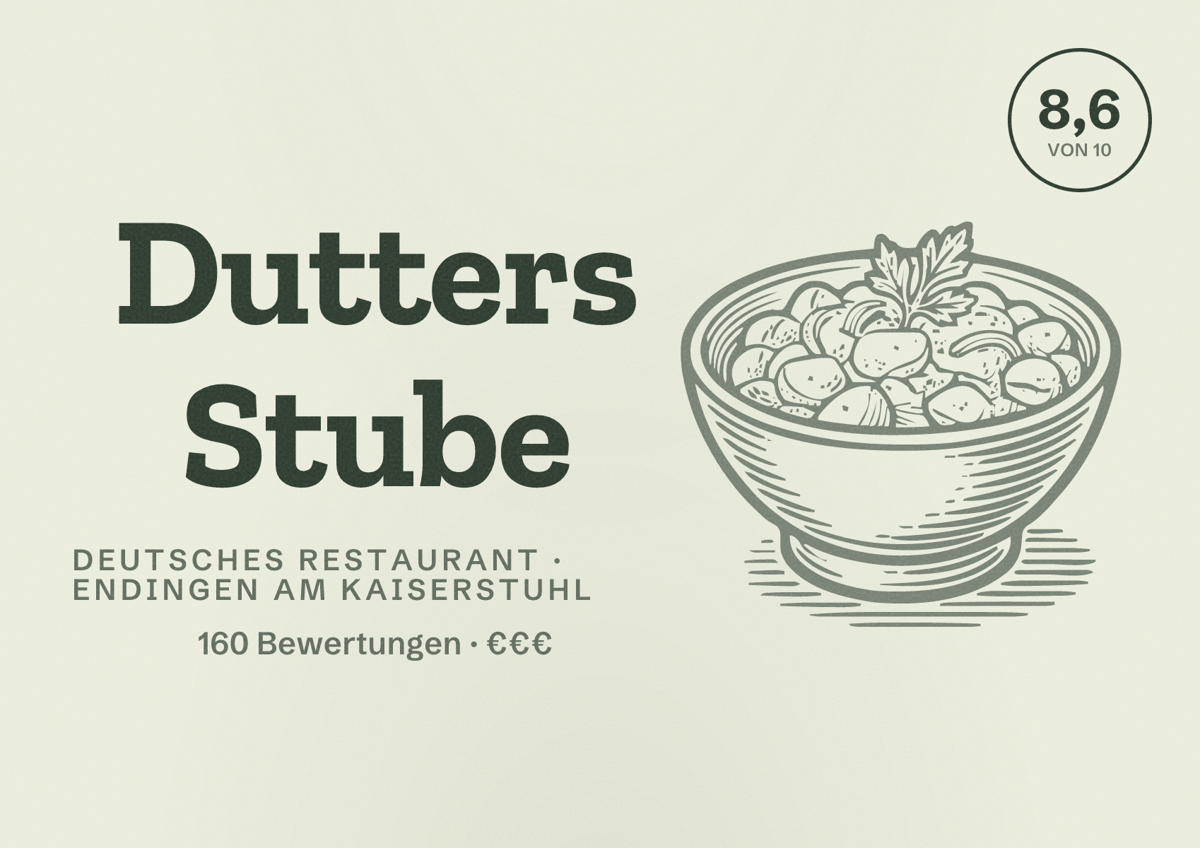 Illustriertes Poster von Dutters Stube, Deutsches Restaurant in Endingen am Kaiserstuhl: Bewertung 8,6 von 10 aus 160 Bewertungen, Preisniveau €€€