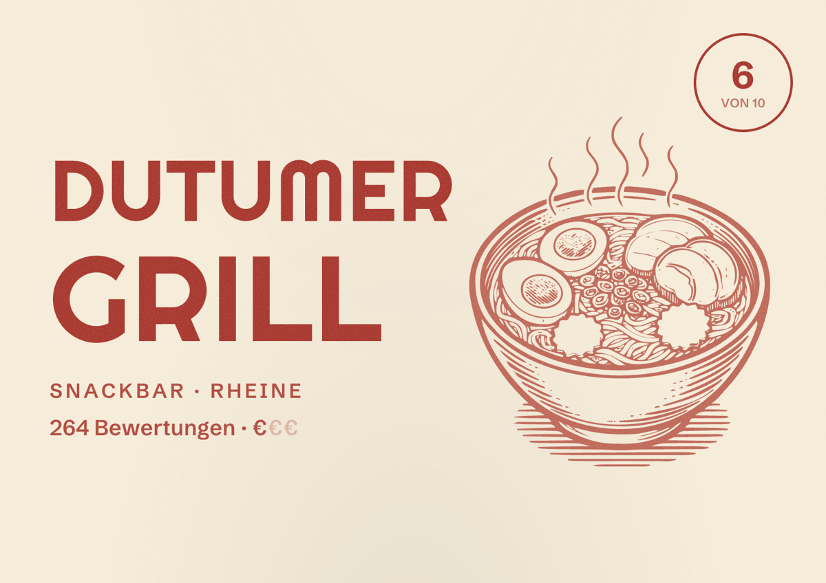 Illustriertes Poster von Dutumer Grill, Snackbar in Rheine: Bewertung 6 von 10 aus 264 Bewertungen, Preisniveau €