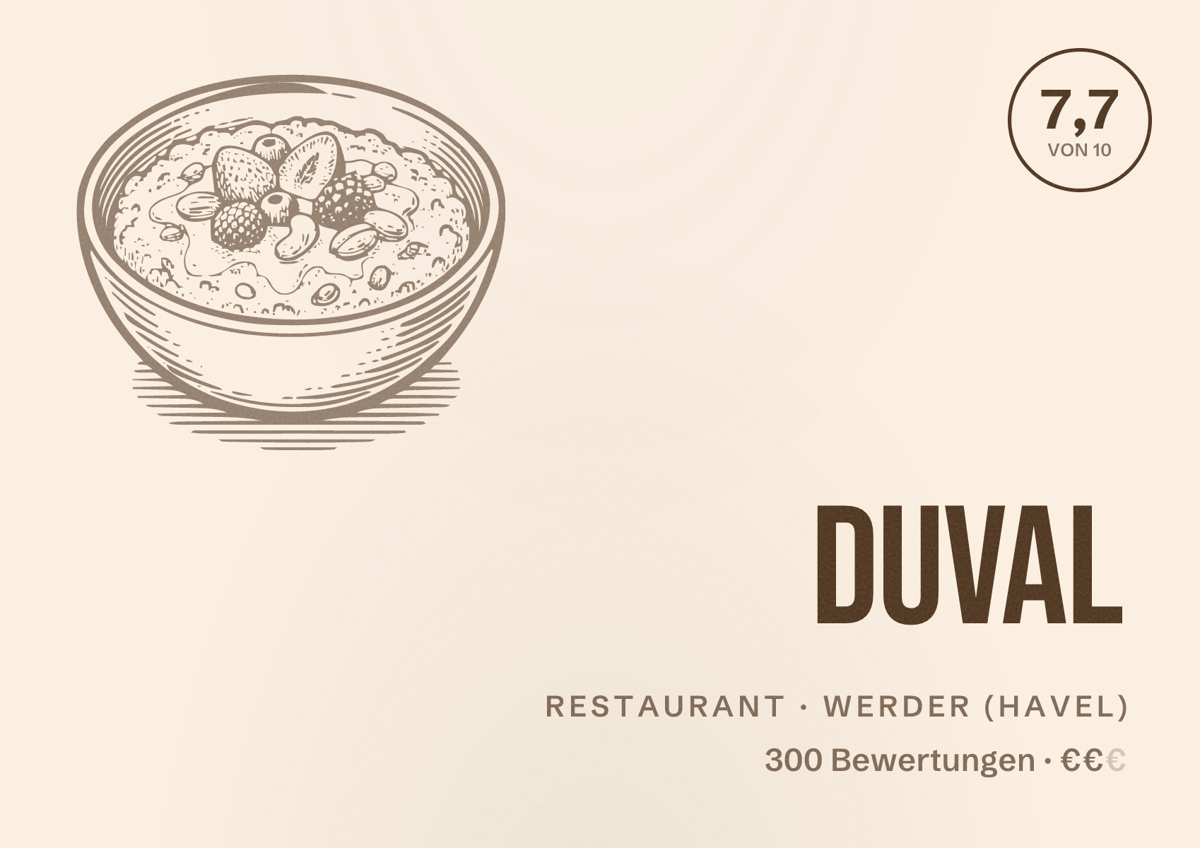 Illustriertes Poster von Duval, Restaurant in Werder (Havel): Bewertung 7,7 von 10 aus 300 Bewertungen, Preisniveau €€