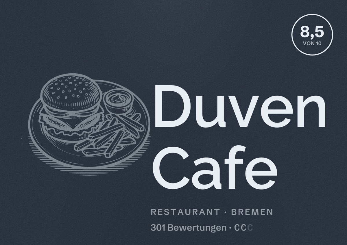 Illustriertes Poster von Duven Cafe, Restaurant in Bremen: Bewertung 8,5 von 10 aus 301 Bewertungen, Preisniveau €€