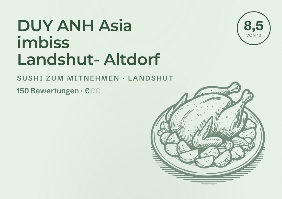 Illustriertes Poster von DUY ANH Asia imbiss Landshut- Altdorf, Sushi zum Mitnehmen in Landshut: Bewertung 8,5 von 10 aus 150 Bewertungen, Preisniveau €