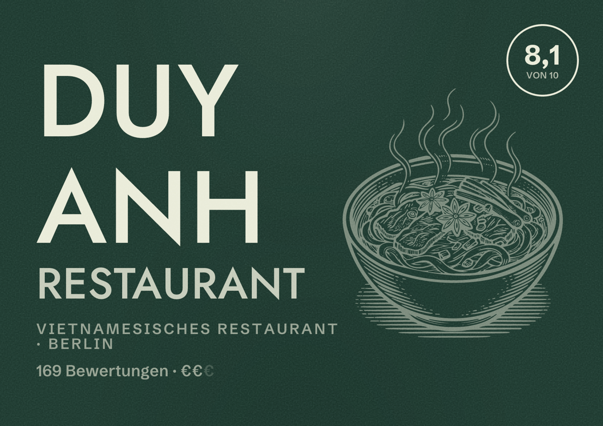 Illustriertes Poster von Duy Anh Restaurant, Vietnamesisches Restaurant in Berlin: Bewertung 8,1 von 10 aus 169 Bewertungen, Preisniveau €€