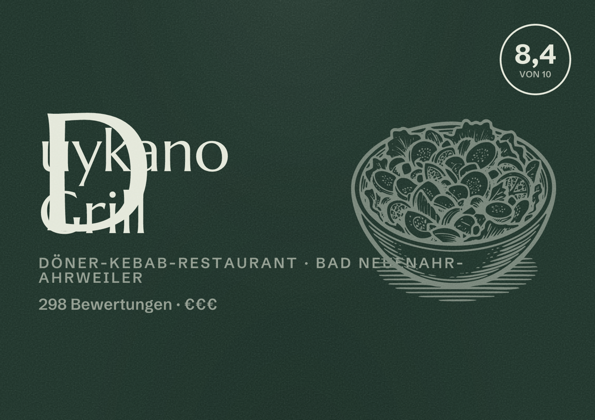 Illustriertes Poster von Duykano Grill, Döner-Kebab-Restaurant in Bad Neuenahr-Ahrweiler: Bewertung 8,4 von 10 aus 298 Bewertungen, Preisniveau €€€