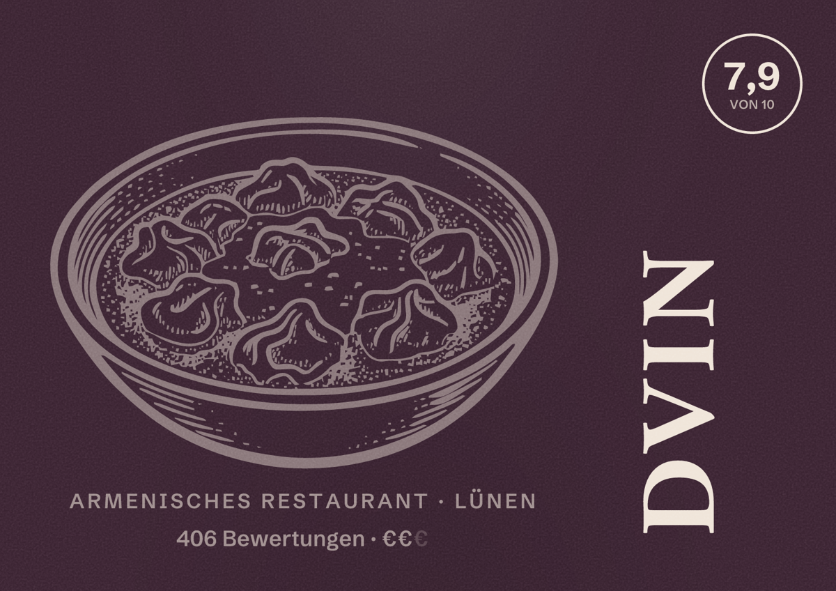 Illustriertes Poster von DVIN, Armenisches Restaurant in Lünen: Bewertung 7,9 von 10 aus 406 Bewertungen, Preisniveau €€