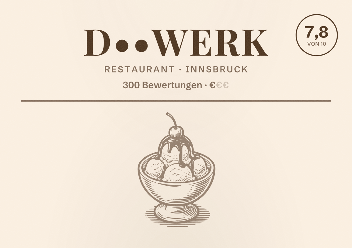 Illustriertes Poster von D••Werk, Restaurant in Innsbruck: Bewertung 7,8 von 10 aus 300 Bewertungen, Preisniveau €