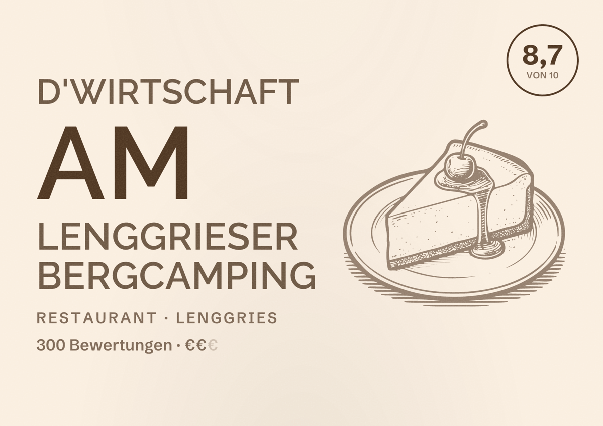 Illustriertes Poster von d'Wirtschaft am Lenggrieser Bergcamping, Restaurant in Lenggries: Bewertung 8,7 von 10 aus 300 Bewertungen, Preisniveau €€