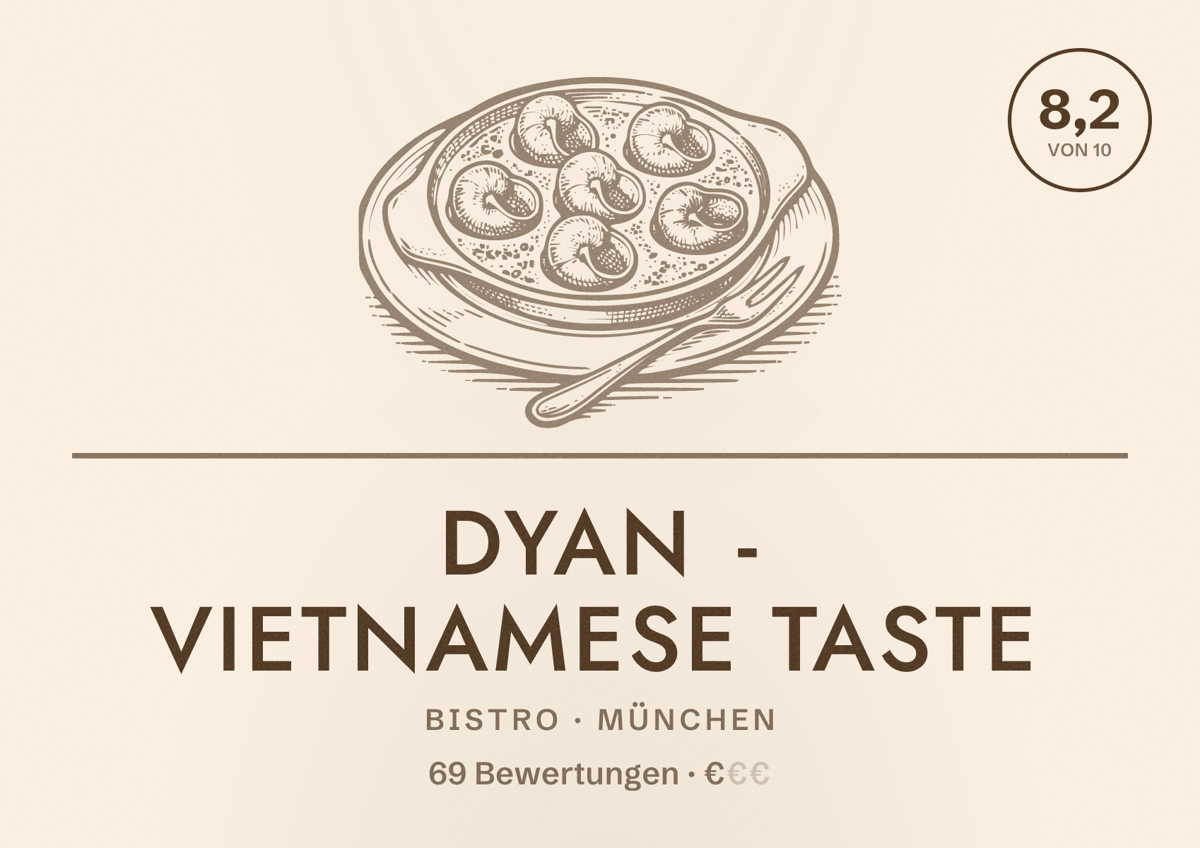 Illustriertes Poster von DYAN - Vietnamese Taste, Bistro in München: Bewertung 8,2 von 10 aus 69 Bewertungen, Preisniveau €