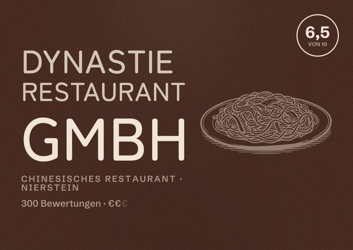 Illustriertes Poster von Dynastie Restaurant GmbH, Chinesisches Restaurant in Nierstein: Bewertung 6,5 von 10 aus 300 Bewertungen, Preisniveau €€