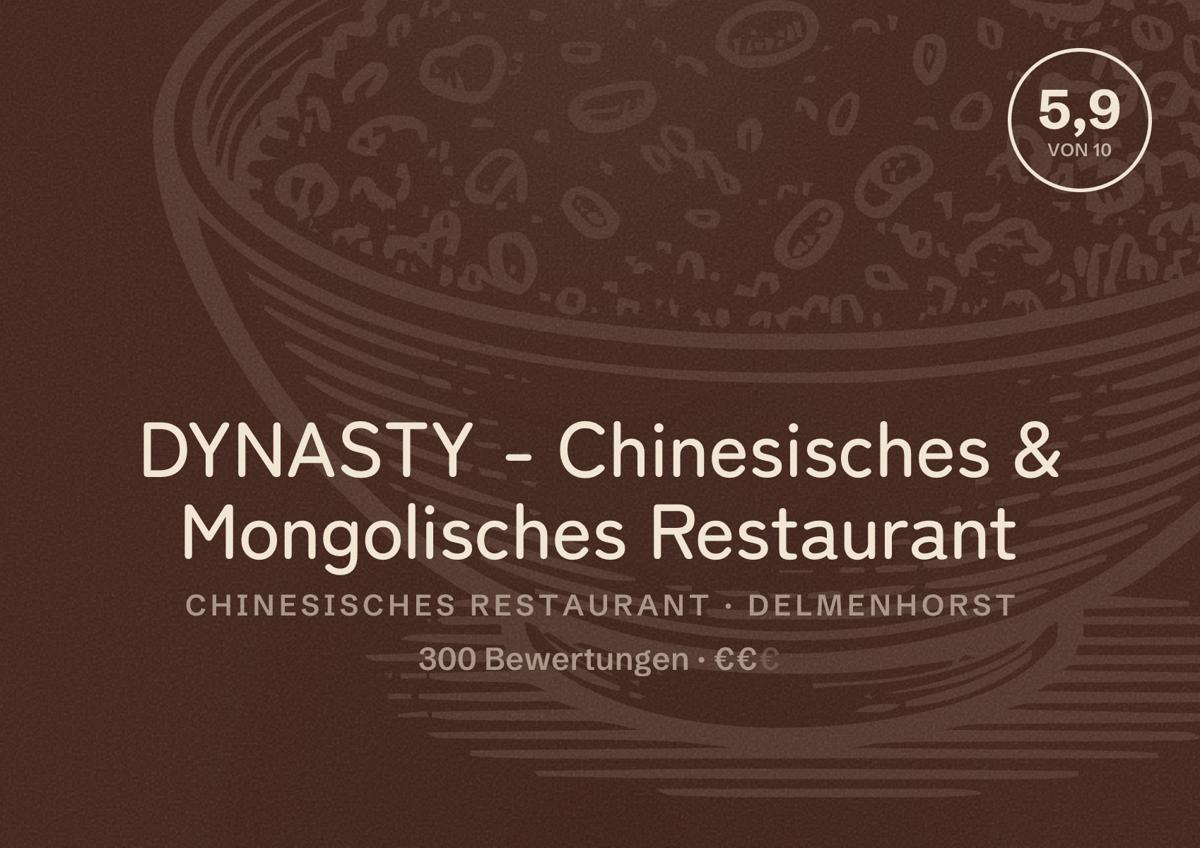 Illustriertes Poster von DYNASTY - Chinesisches & Mongolisches Restaurant, Chinesisches Restaurant in Delmenhorst: Bewertung 5,9 von 10 aus 300 Bewertungen, Preisniveau €€