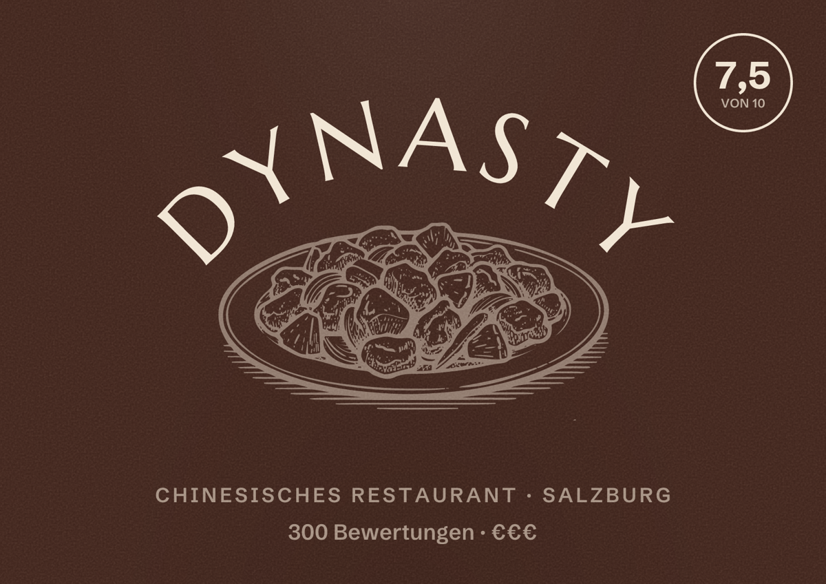 Illustriertes Poster von Dynasty, Chinesisches Restaurant in Salzburg: Bewertung 7,5 von 10 aus 300 Bewertungen, Preisniveau €€€