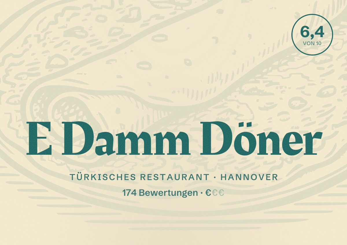 Illustriertes Poster von E Damm Döner, Türkisches Restaurant in Hannover: Bewertung 6,4 von 10 aus 174 Bewertungen, Preisniveau €