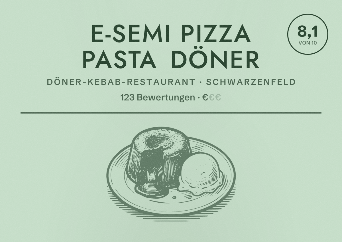 Illustriertes Poster von E-SEMI Pizza Pasta Döner, Döner-Kebab-Restaurant in Schwarzenfeld: Bewertung 8,1 von 10 aus 123 Bewertungen, Preisniveau €