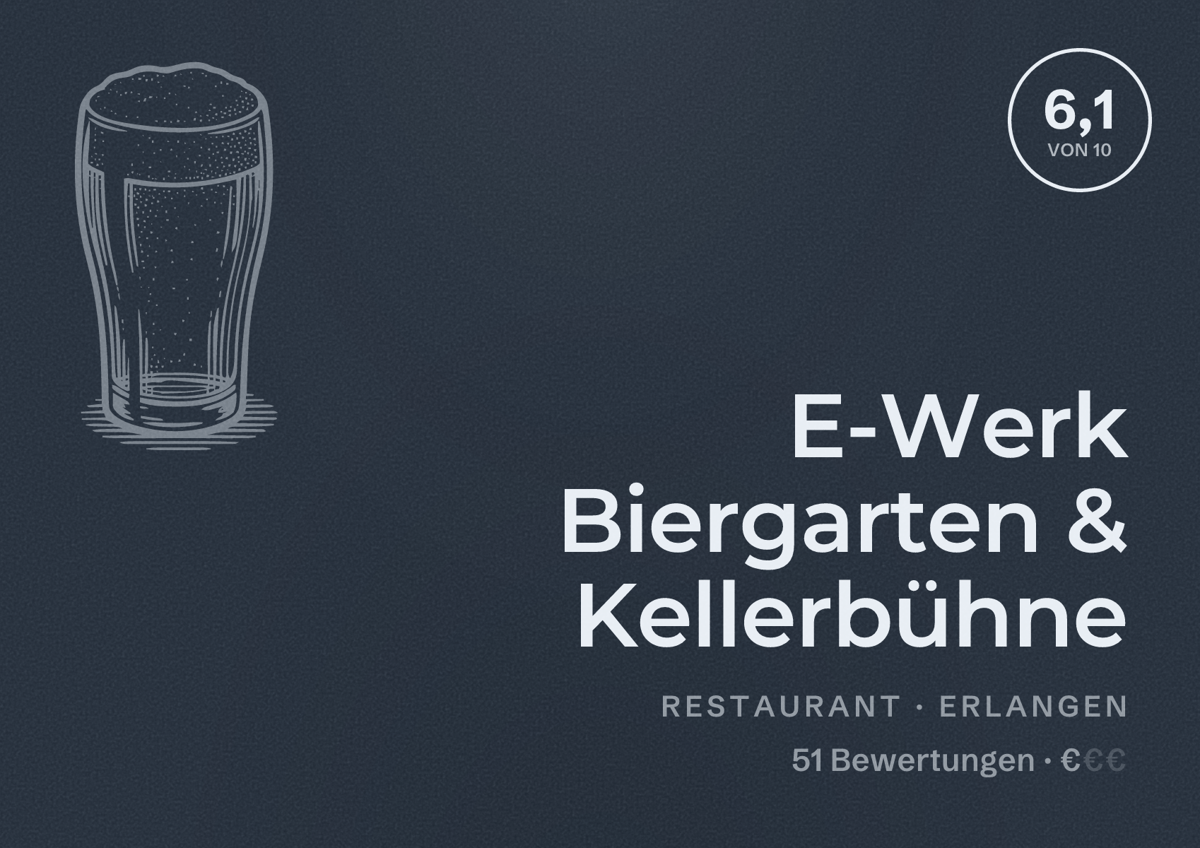 Illustriertes Poster von E-Werk Biergarten & Kellerbühne, Restaurant in Erlangen: Bewertung 6,1 von 10 aus 51 Bewertungen, Preisniveau €