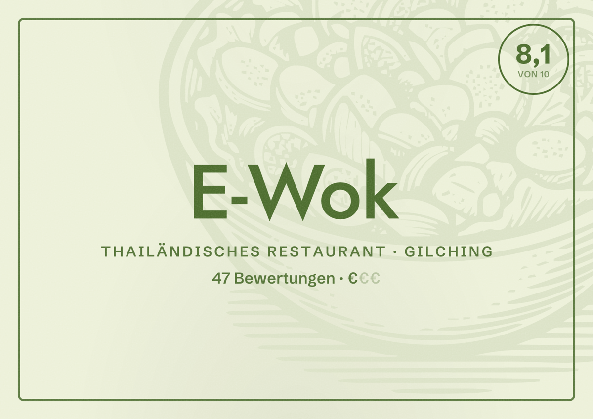 Illustriertes Poster von E-Wok, Thailändisches Restaurant in Gilching: Bewertung 8,1 von 10 aus 47 Bewertungen, Preisniveau €