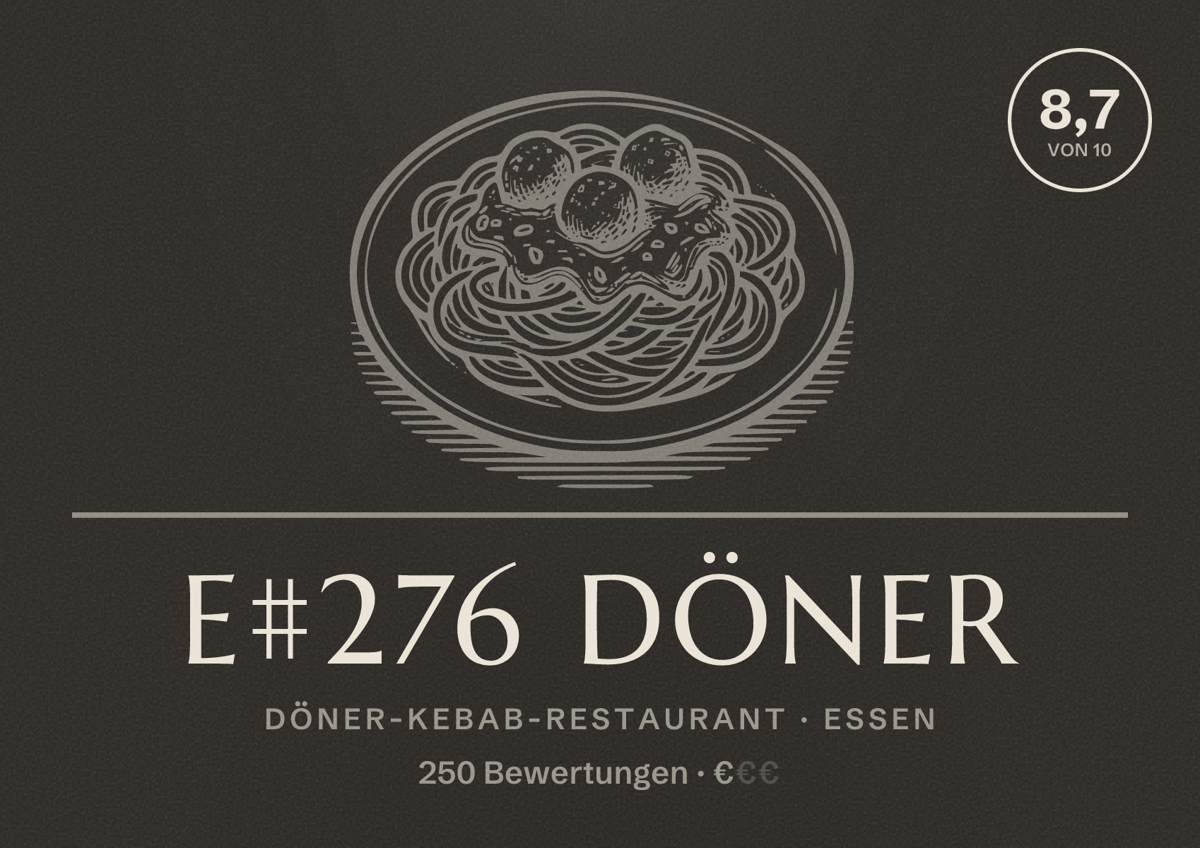 Illustriertes Poster von E#276 Döner, Döner-Kebab-Restaurant in Essen: Bewertung 8,7 von 10 aus 250 Bewertungen, Preisniveau €