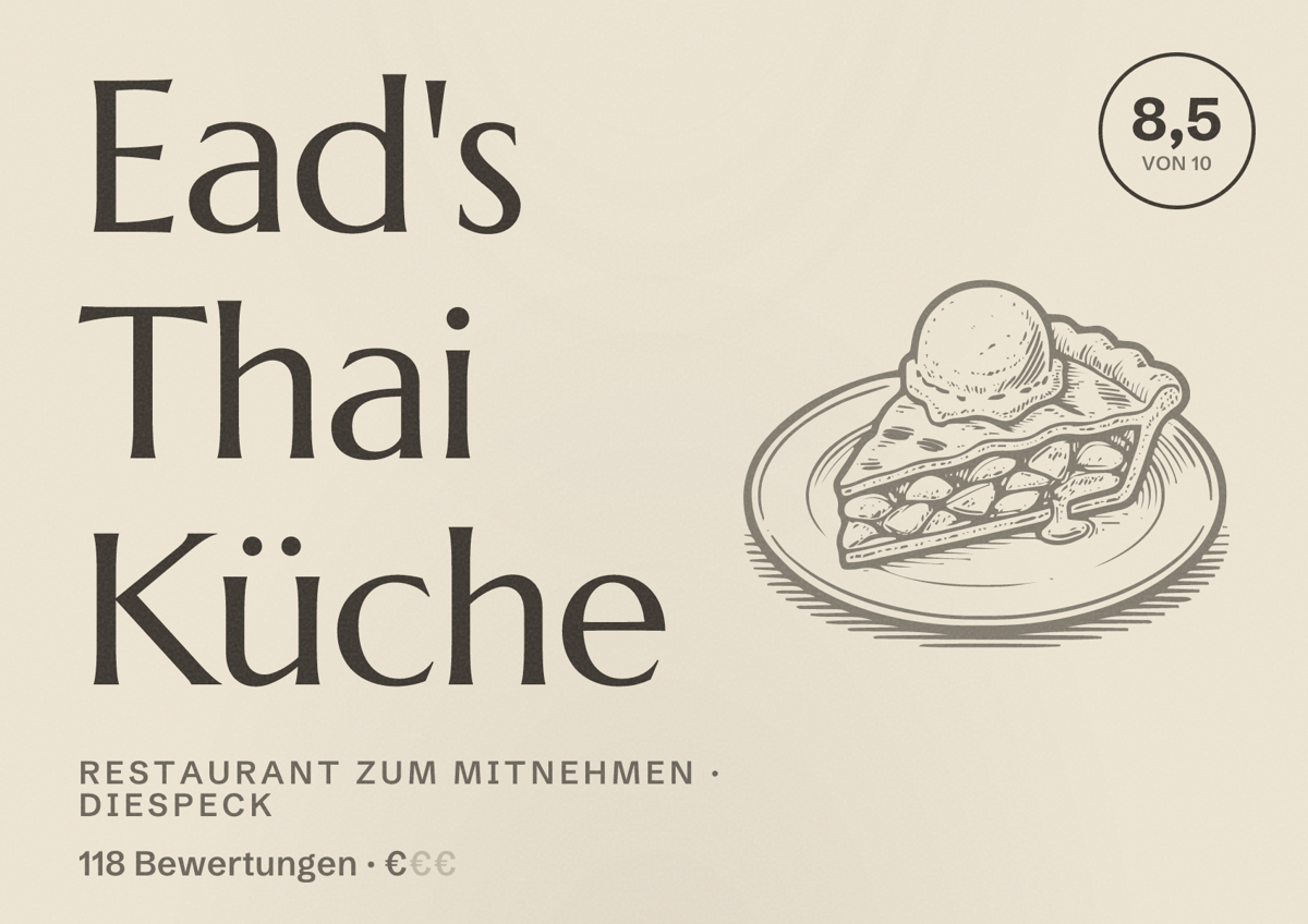 Illustriertes Poster von Ead's Thai Küche, Restaurant zum Mitnehmen in Diespeck: Bewertung 8,5 von 10 aus 118 Bewertungen, Preisniveau €