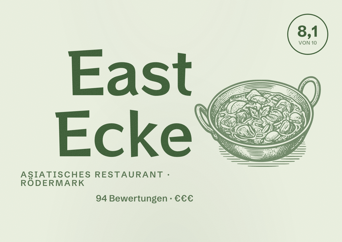 Illustriertes Poster von East Ecke, Asiatisches Restaurant in Rödermark: Bewertung 8,1 von 10 aus 94 Bewertungen, Preisniveau €€€