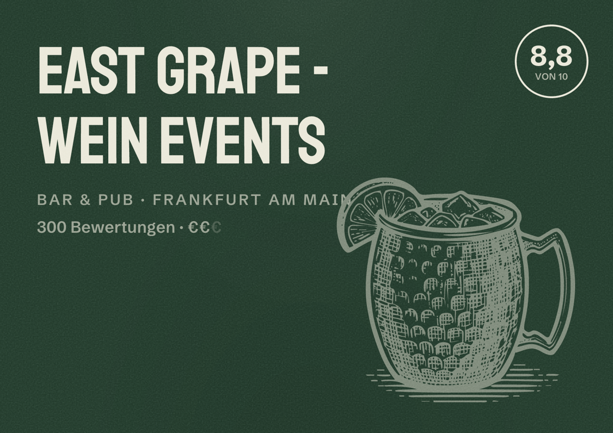 Illustriertes Poster von EAST GRAPE - Wein Events, Bar & Pub in Frankfurt am Main: Bewertung 8,8 von 10 aus 300 Bewertungen, Preisniveau €€