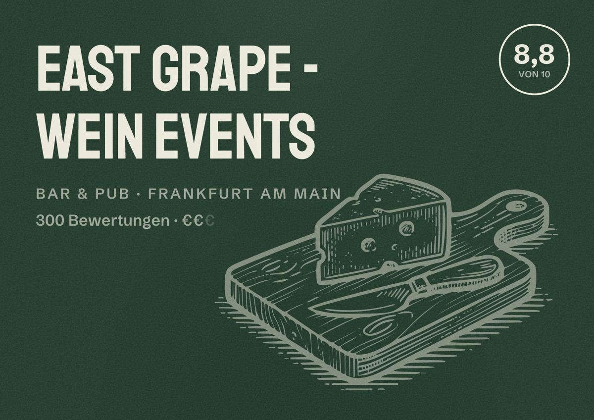 Illustriertes Poster von EAST GRAPE - Wein Events, Bar & Pub in Frankfurt am Main: Bewertung 8,8 von 10 aus 300 Bewertungen, Preisniveau €€