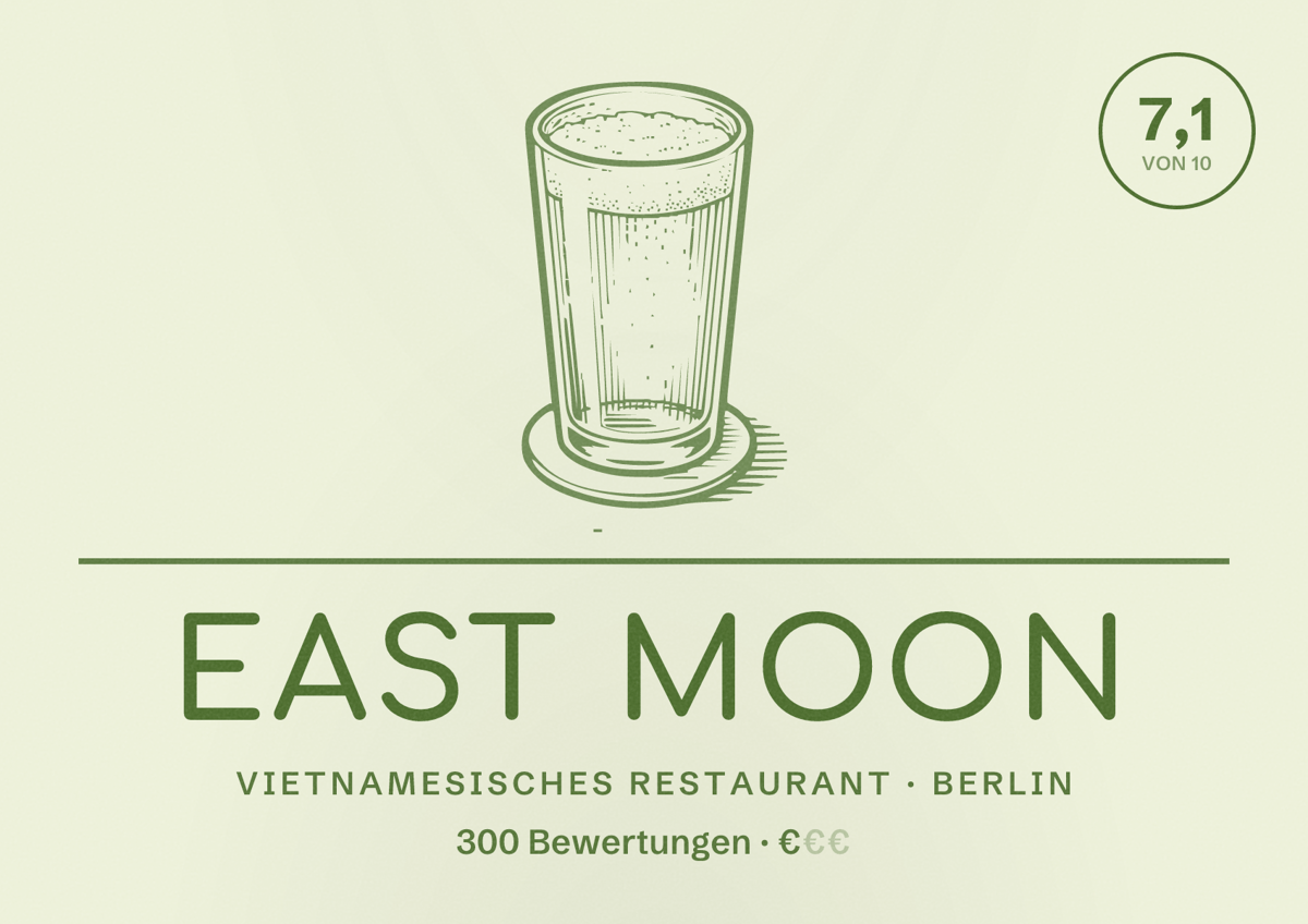 Illustriertes Poster von East Moon, Vietnamesisches Restaurant in Berlin: Bewertung 7,1 von 10 aus 300 Bewertungen, Preisniveau €